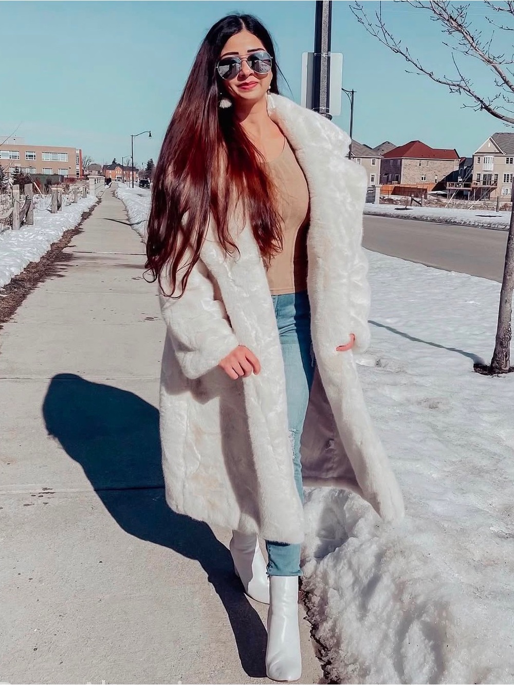 Women's White Faux Fur Long Coat - Luxe Open Front Cape